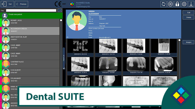 ArchiMED Suite 5 — Human Dental Edition interface with patient records and X-ray images