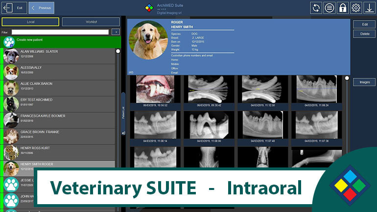 ArchiMED Suite 5 — Veterinary Edition interface with animal patient and dental X-rays
