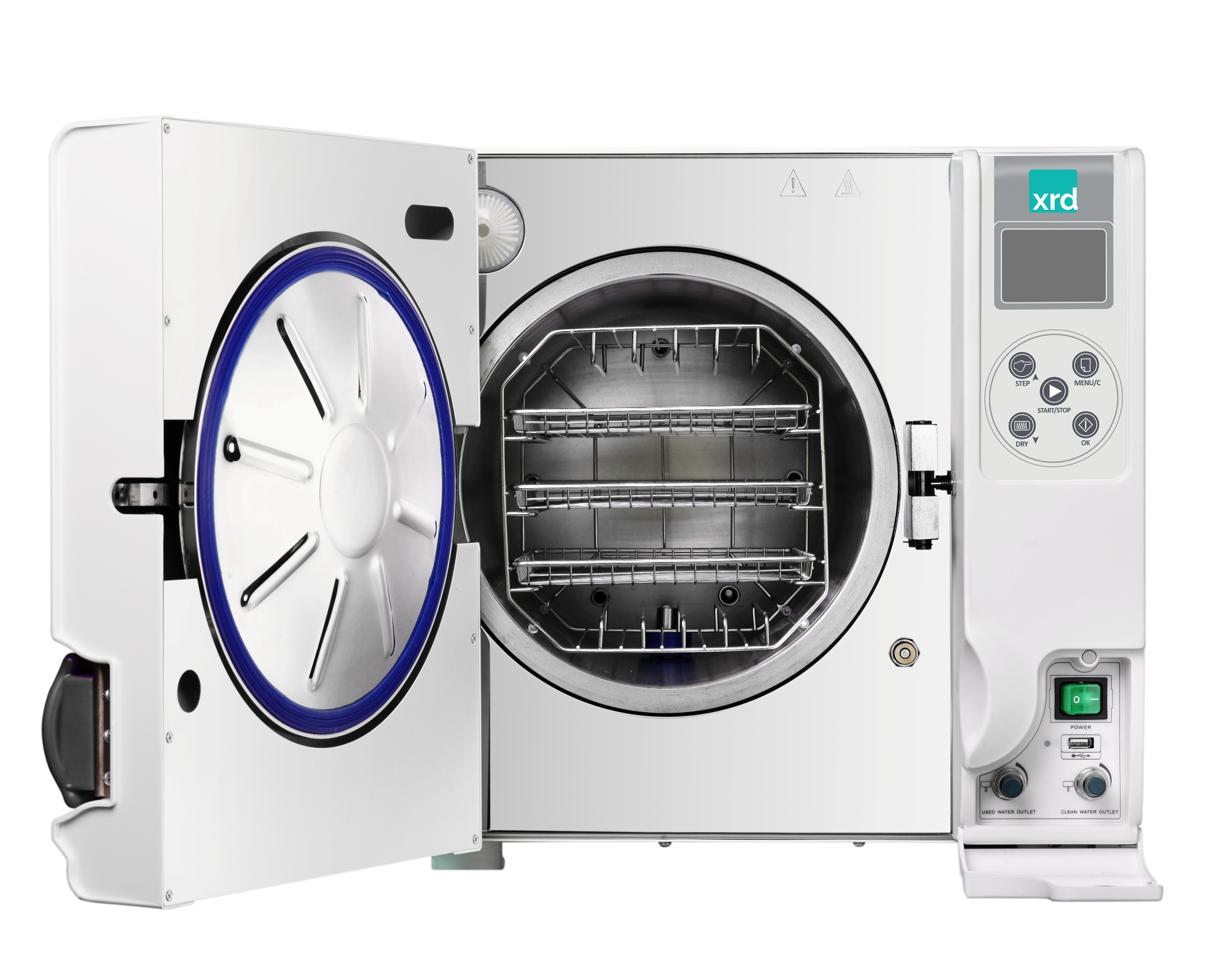 XRD STE23 — Front view with chamber open, trays, XRD logo and controls